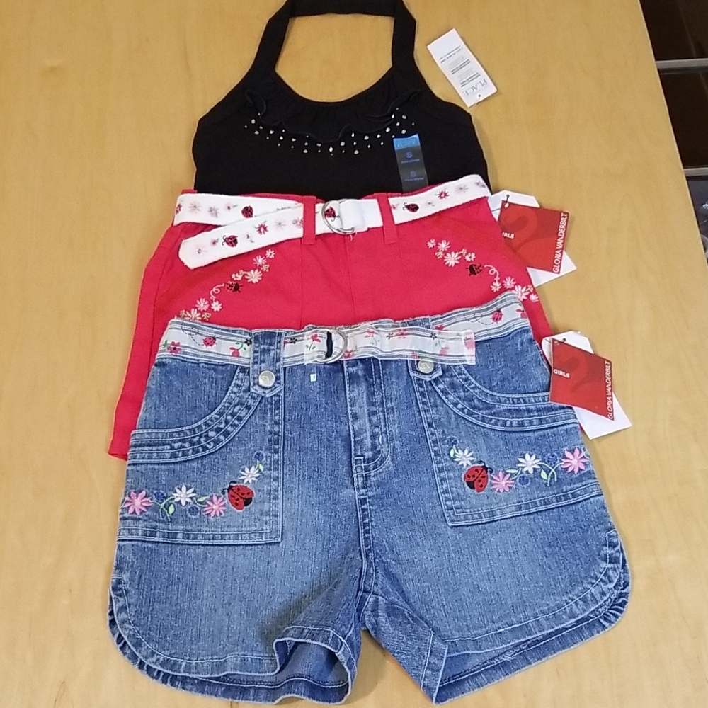 Embroidered Denim and Red Shorts with Black Blingy Cotton Halter Top NWT 5/6